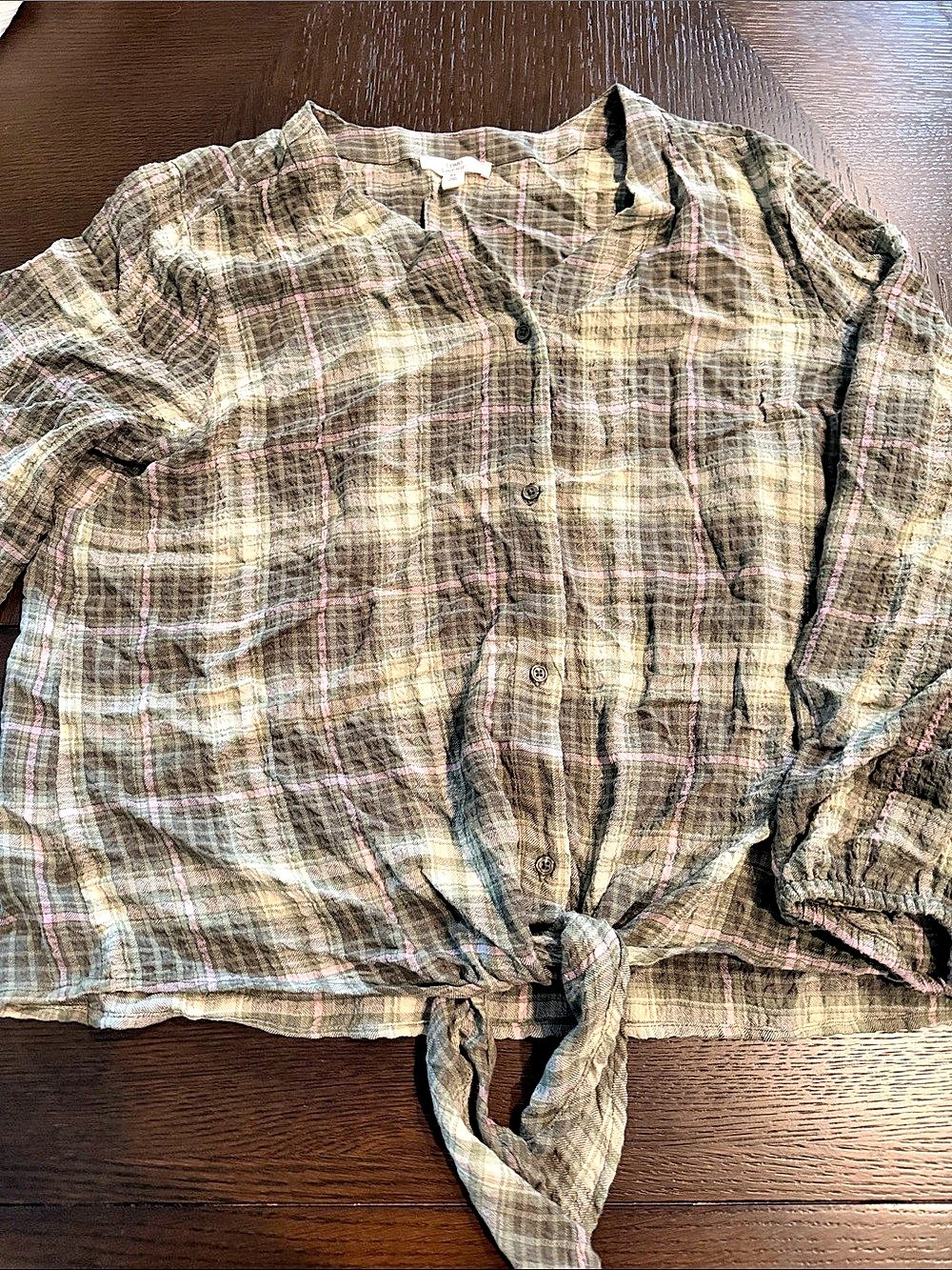 Como Vintage Plaid Tie-Front Button Down Shirt Green & Pink XL